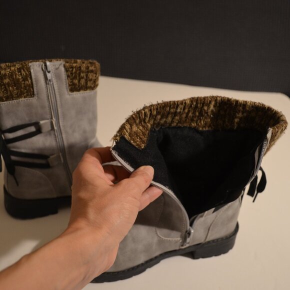 Gray Mid Rise Boots Side Zipper Decorative Back Lace Brown Wool Knit Top Lady 37 - Picture 7 of 7